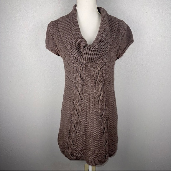 Express Women's Medium Brown Cable Knit Cowl Neck Tunic Sweater Cozy Chunky - Picture 1 of 11